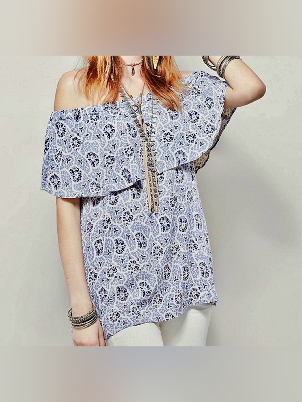 Free People "Casablanca Nights" Lilac/Navy Floral Off the Shoulder Blouse S